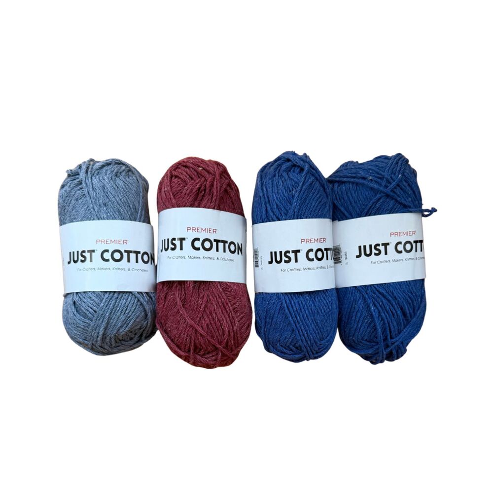 NWT Premier Just Cotton 4 skeins 2x Blue, 1x Light Denim 1x Brick Worsted Weight